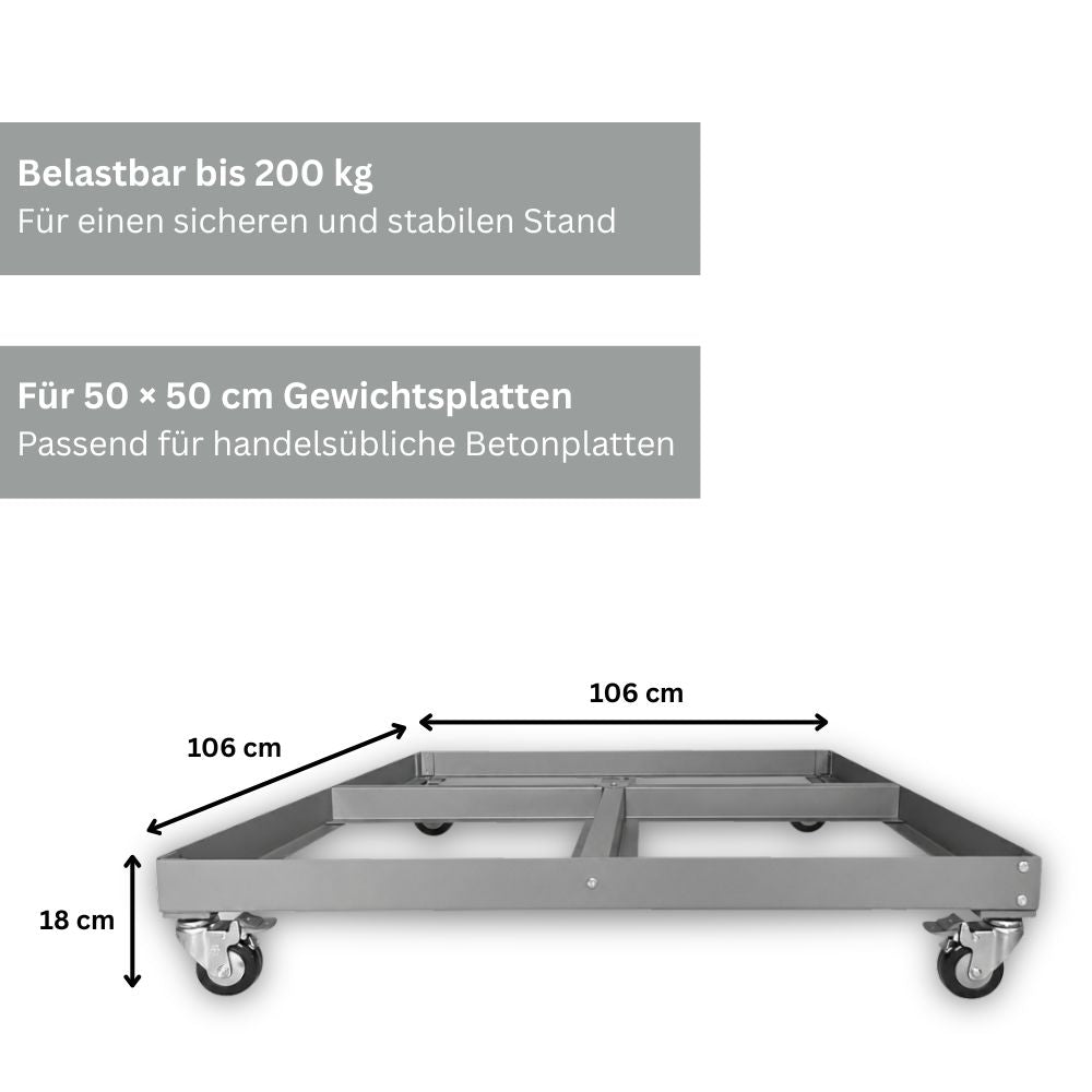Sonnenschirmständer mit Abmessungen von 106 x 106 Zentimetern, geeignet für 50 x 50 Zentimeter Gewichtsplatten und belastbar bis 200 Kilogramm