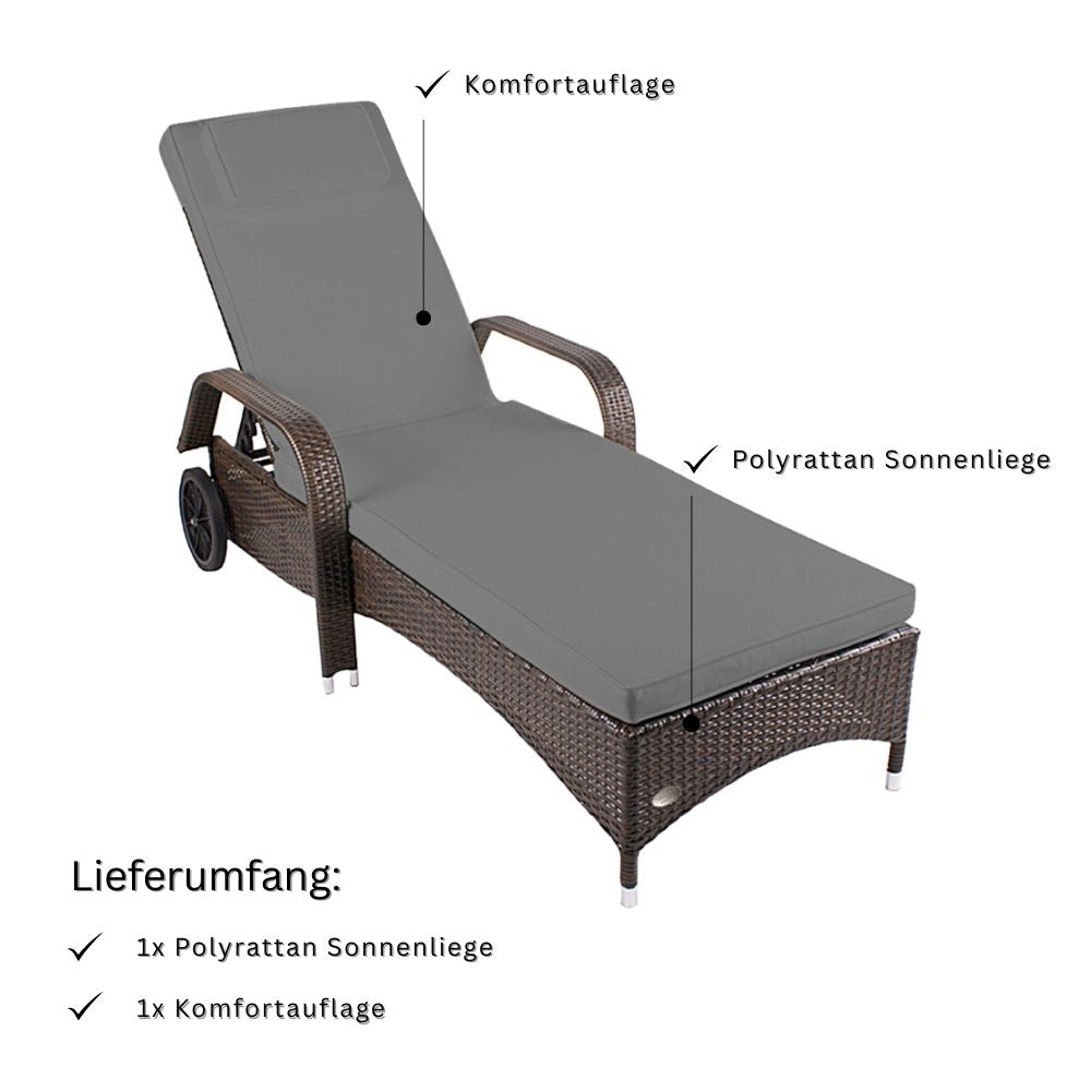 Braune Polyrattan Sonnenliege mit grauer Auflage und verstellbarer Lehne, Lieferumfang mit Auflage