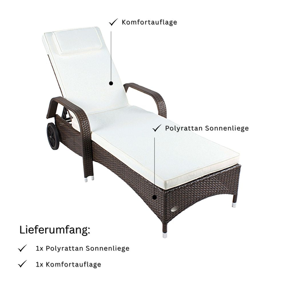 Braune Polyrattan Sonnenliege mit heller Auflage, Lieferumfang inklusive Polsterauflage