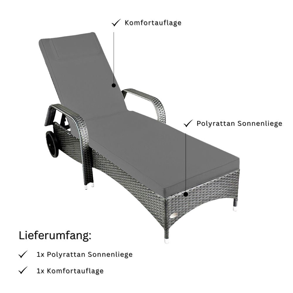 Polyrattan Sonnenliege grau mit Komfortauflage und verstellbarer Rückenlehne, inklusive Lieferumfang