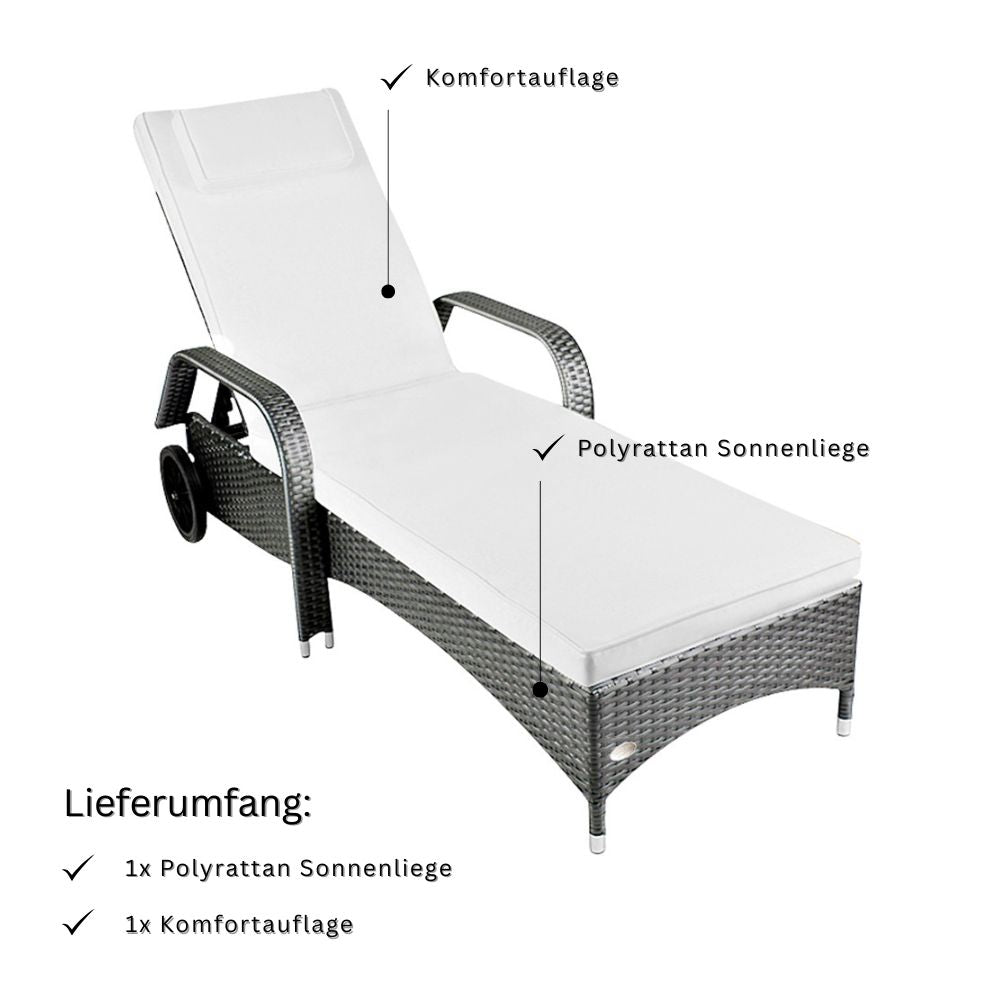 Graue Polyrattan Sonnenliege mit heller Auflage und verstellbarer Lehne, inklusive Auflage