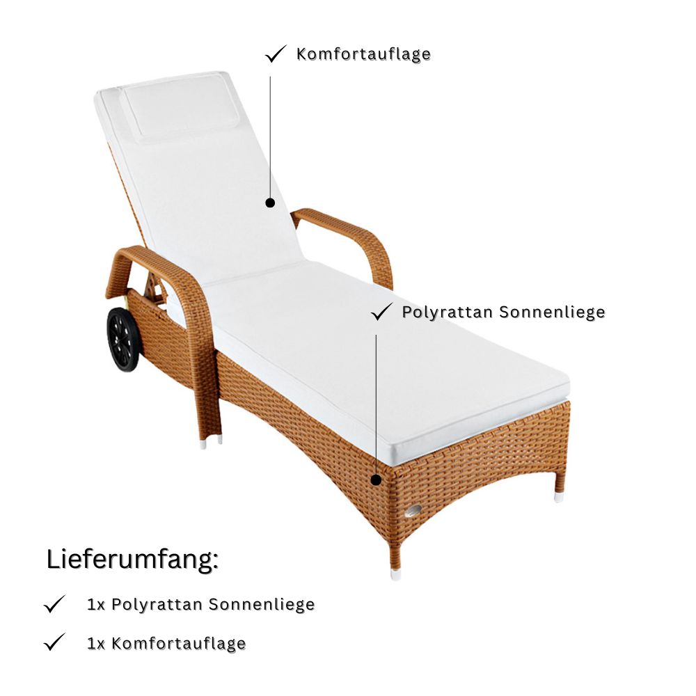 Polyrattan Sonnenliege in Naturbraun mit heller Komfortauflage und verstellbarer Rückenlehne, inklusive Auflage