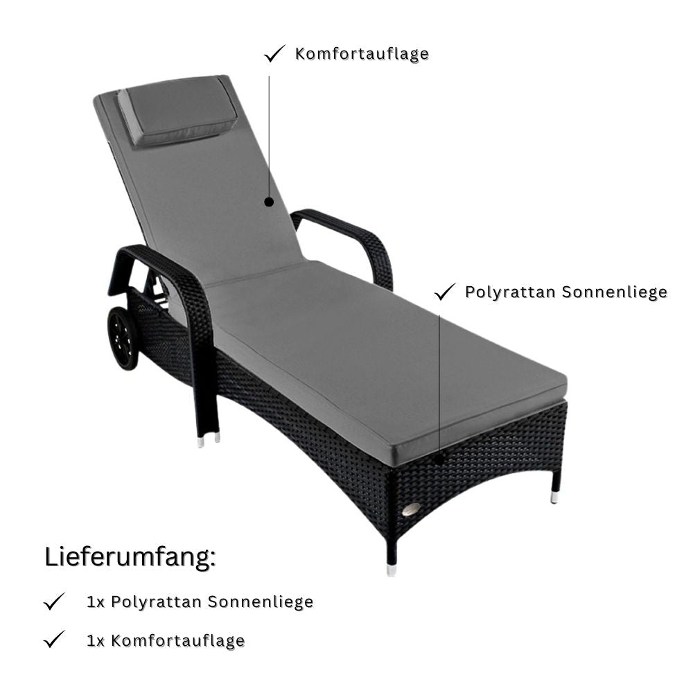 Polyrattan Sonnenliege schwarz mit grauer Auflage und verstellbarer Rückenlehne, inklusive Lieferumfang