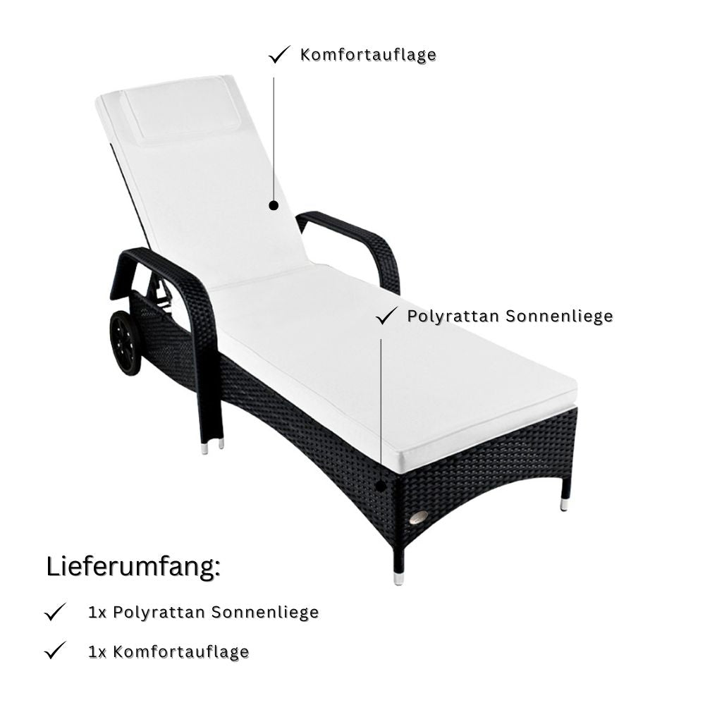Schwarze Polyrattan Sonnenliege mit heller Komfortauflage, inklusive Auflage im Lieferumfang