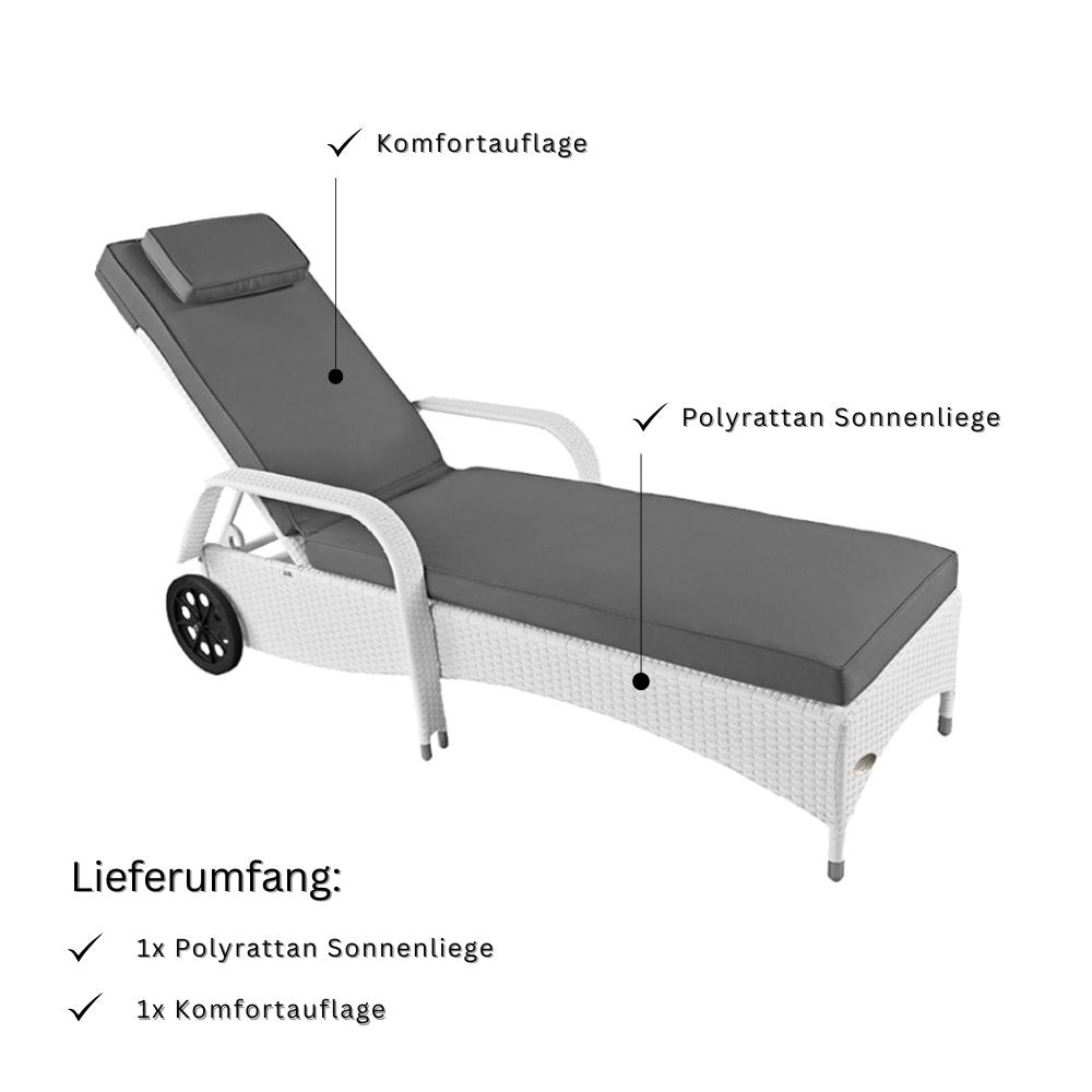 Weiße Polyrattan Sonnenliege mit grauer Komfortauflage und verstellbarer Rückenlehne, inklusive Auflage