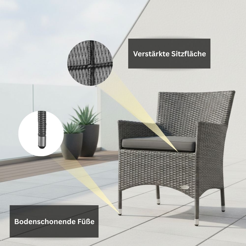 Detailansicht des Gartenstuhls „Trento“ mit verstärkter Sitzfläche und bodenschonenden Füßen. Stabiler Polyrattan-Stuhl in Grau für langlebige Nutzung auf Terrasse und Balkon.
