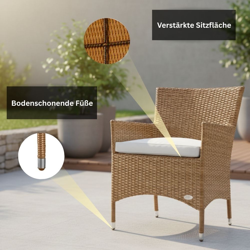 Detailansicht des Gartenstuhls „Trento“ mit verstärkter Sitzfläche und bodenschonenden Füßen. Stabiler Polyrattan-Stuhl in Naturfarbe für langlebige Nutzung auf Terrasse und Balkon.