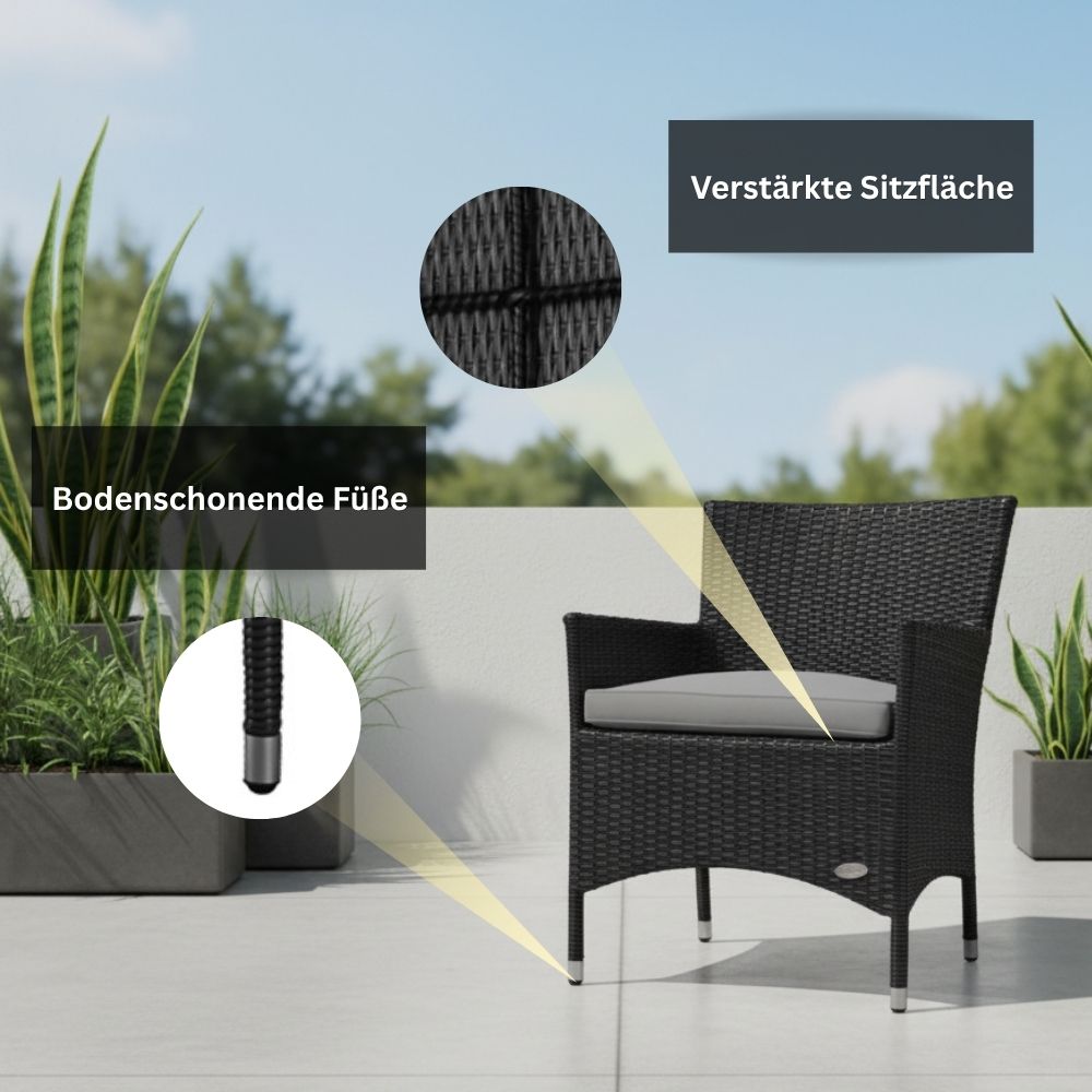 Detailansicht des Gartenstuhls „Trento“ mit verstärkter Sitzfläche und bodenschonenden Füßen. Stabiler Polyrattan-Stuhl in Schwarz für langlebige Nutzung auf Terrasse und Balkon.