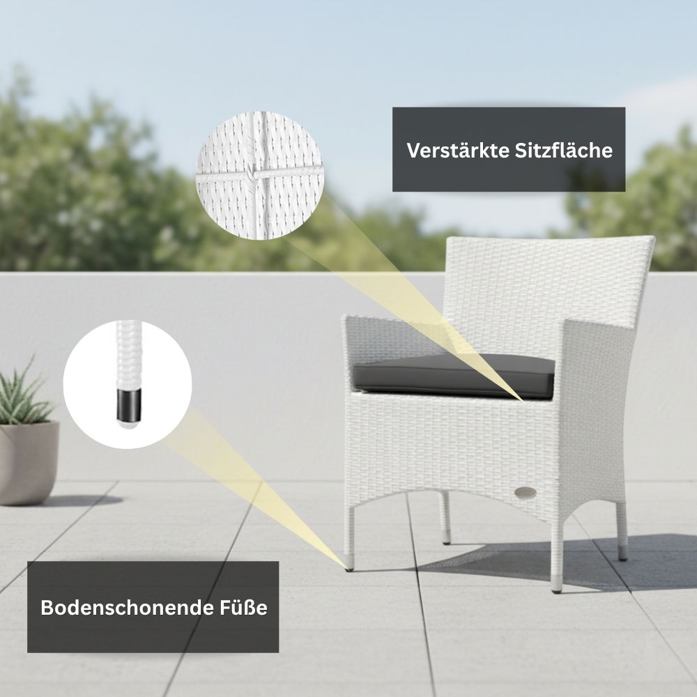 Detailansicht des Gartenstuhls „Trento“ mit verstärkter Sitzfläche und bodenschonenden Füßen. Stabiler Polyrattan-Stuhl in Weiß für langlebige Nutzung im Außenbereich.