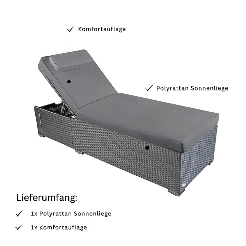 Graue Polyrattan Sonnenliege mit Komfortauflage, Lieferumfang mit Gartenliege und Polsterauflage