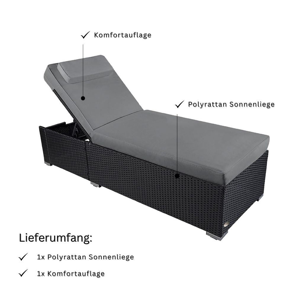 Lieferumfang Sonnenliege schwarz grau, inklusive Polyrattan Gartenliege und Komfortauflage