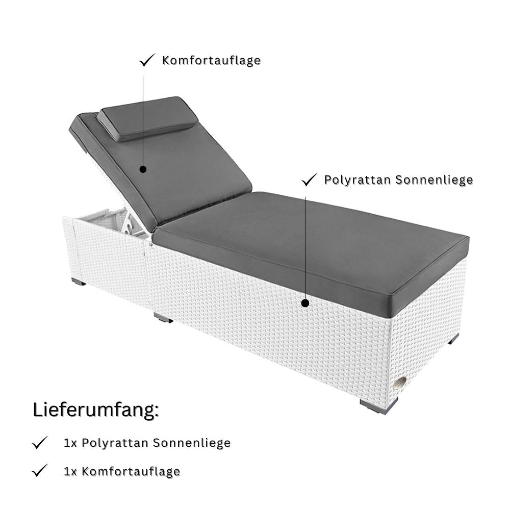Lieferumfang Gartenliege weiß grau, inklusive Polyrattan Sonnenliege und bequemer Komfortauflage