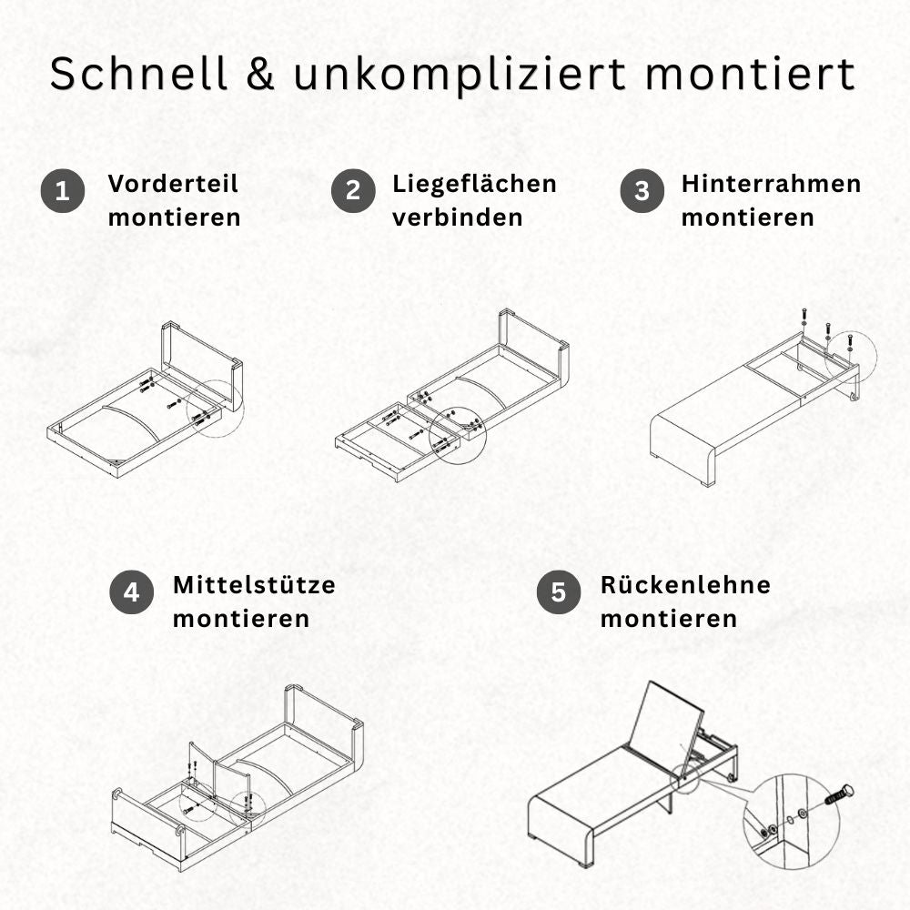 Schritt-für-Schritt Montage der Sonnenliege: Vorderteil, Liegeflächen, Rahmen, Mittelstütze und Rückenlehne montieren