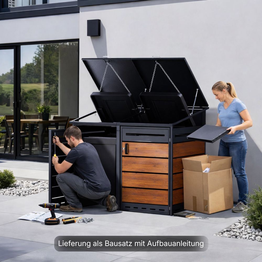 2er Mülltonnenbox aus Metall in Holzoptik wird im Garten aufgebaut, geeignet für zwei Mülltonnen bis 240 Liter.
