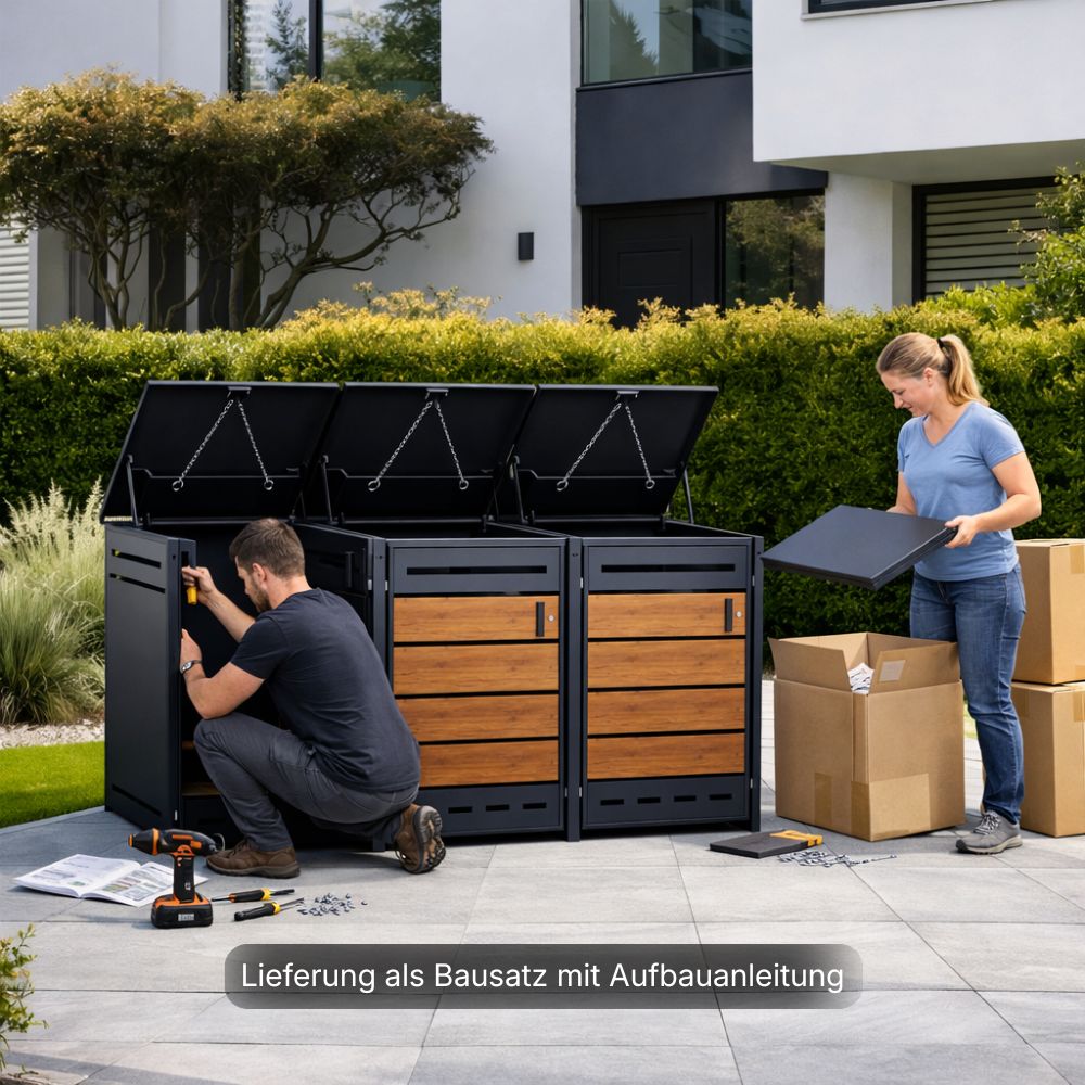 3er Mülltonnenbox aus Metall in Holzoptik wird im Garten aufgebaut, geeignet für drei Mülltonnen bis 240 Liter.