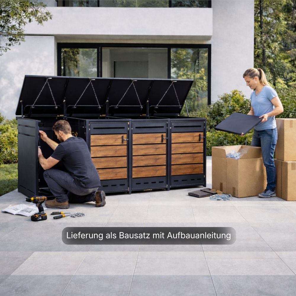 4er Mülltonnenbox aus Metall in Holzoptik wird im Garten aufgebaut, geeignet für vier Mülltonnen bis 240 Liter.