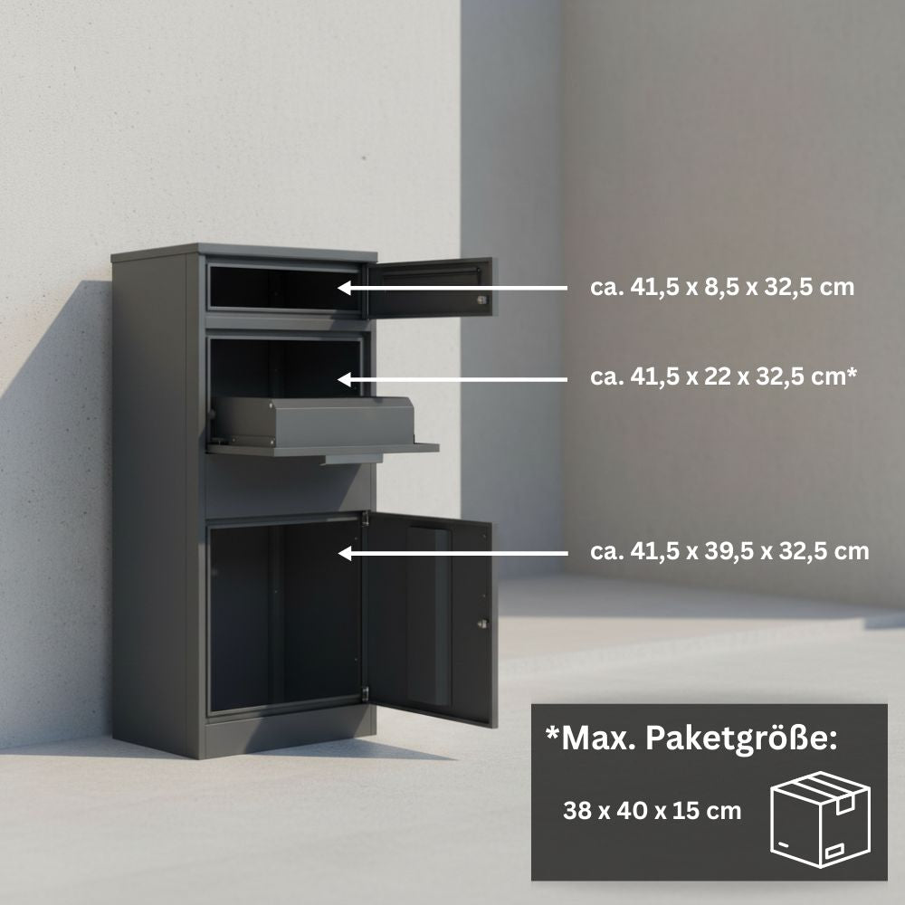 Briefkasten mit Paketfach in Anthrazit und Holzoptik mit geöffneten Paketklappen und Darstellung unterschiedlicher Paketgrößen. Die Grafik zeigt die möglichen Paketmaße für den sicheren Paketempfang im unteren Fach.