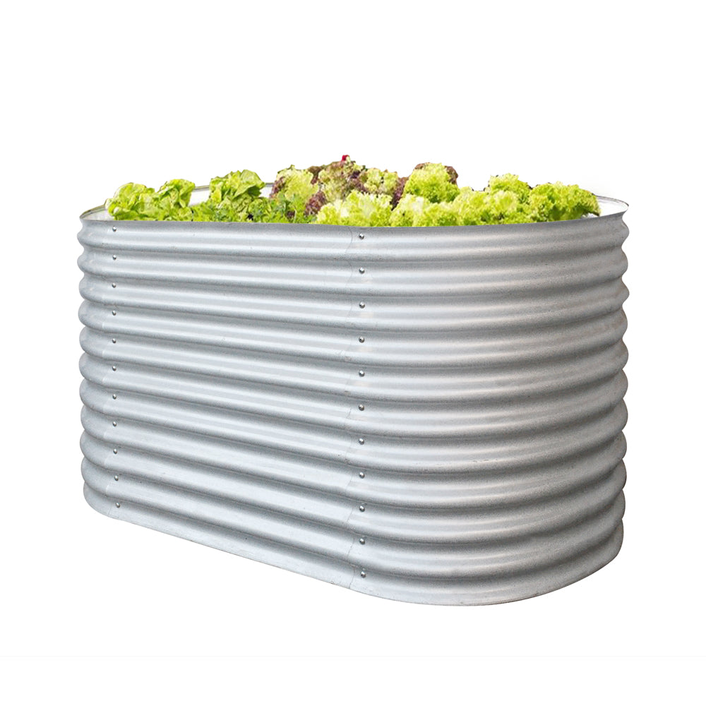 Ovales Hochbeet mit Salatpflanzen aus silbernem Metall, freigestellt auf weißem Hintergrund.