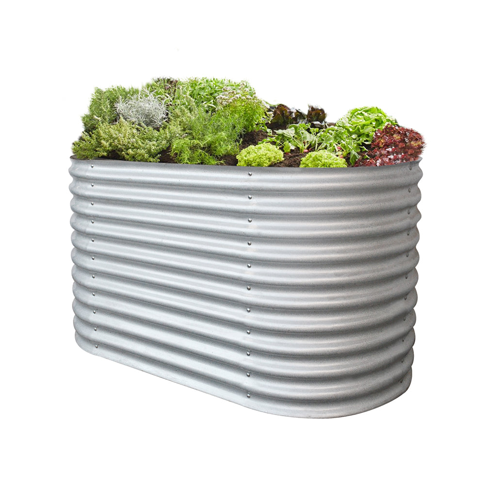 Ovales Hochbeet mit dicht bepflanztem Gemüse, freigestellt auf weißem Hintergrund.