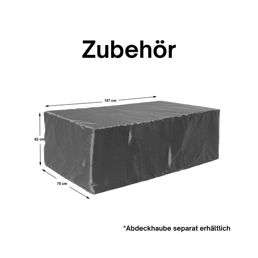 Rechteckige schwarze Abdeckhaube, dargestellt mit Maßangaben: 157 cm breit, 75 cm tief, 62 cm hoch. Darüber steht „Zubehör“. Unten im Bild der Hinweis: Abdeckhaube separat erhältlich.