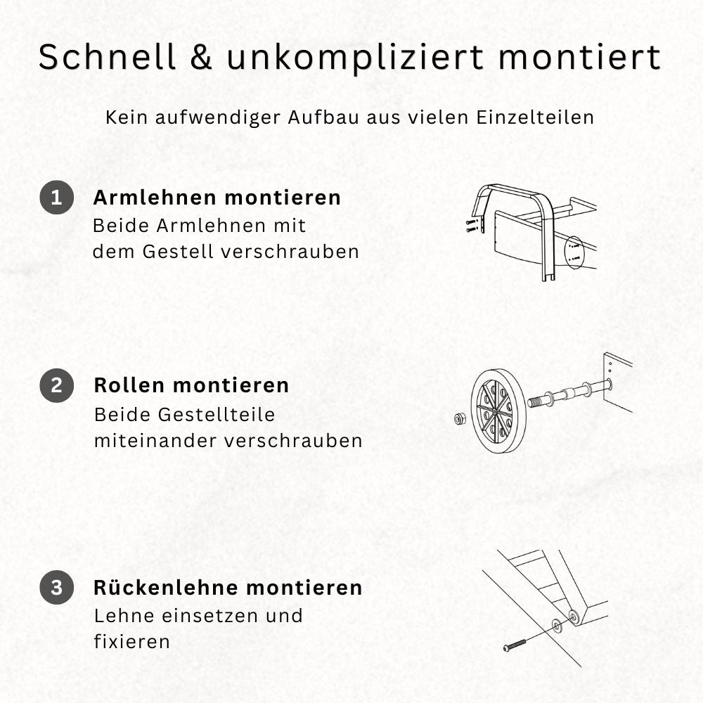 Sonnenliege einfach montieren in drei Schritten: Armlehnen, Rollen und Rückenlehne befestigen