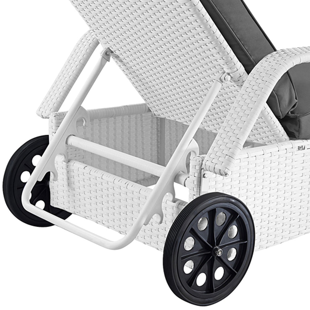 Rückenlehne der Sonnenliege 5-fach verstellbar, Poly-Rattan-Geflecht in Weiß. Weiß / Grau.