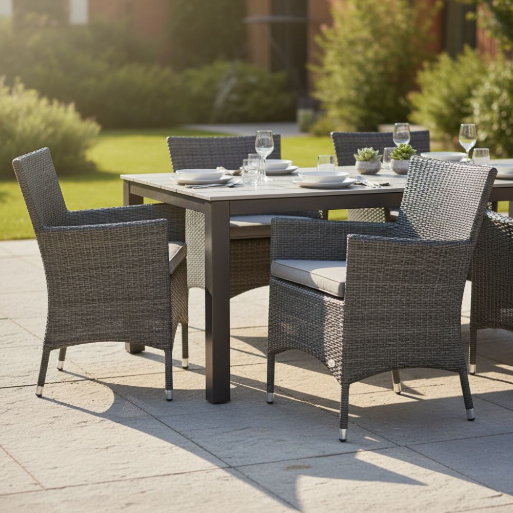 Grauer Polyrattan-Gartenstuhl „Trento“ mit Sitzkissen an modernem Esstisch auf sonniger Terrasse. Wetterfester Outdoor-Stuhl mit Armlehnen für Garten, Balkon und Terrasse.