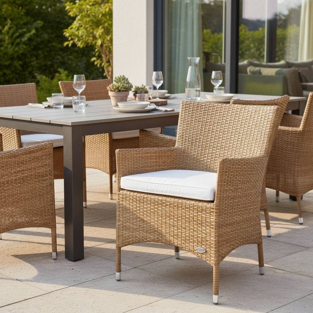 Naturfarbener Polyrattan-Gartenstuhl „Trento“ mit hellem Sitzkissen an modernem Esstisch auf sonniger Terrasse. Wetterfester Outdoor-Stuhl mit Armlehnen für Garten, Balkon und Terrasse.