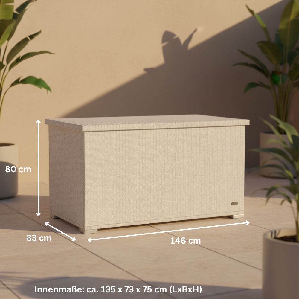 Weiße Garten-Auflagenbox aus Polyrattan mit Außenmaßen 146 × 83 × 80 cm und Innenmaßen 135 × 73 × 75 cm für Gartenauflagen und Gartenzubehör.