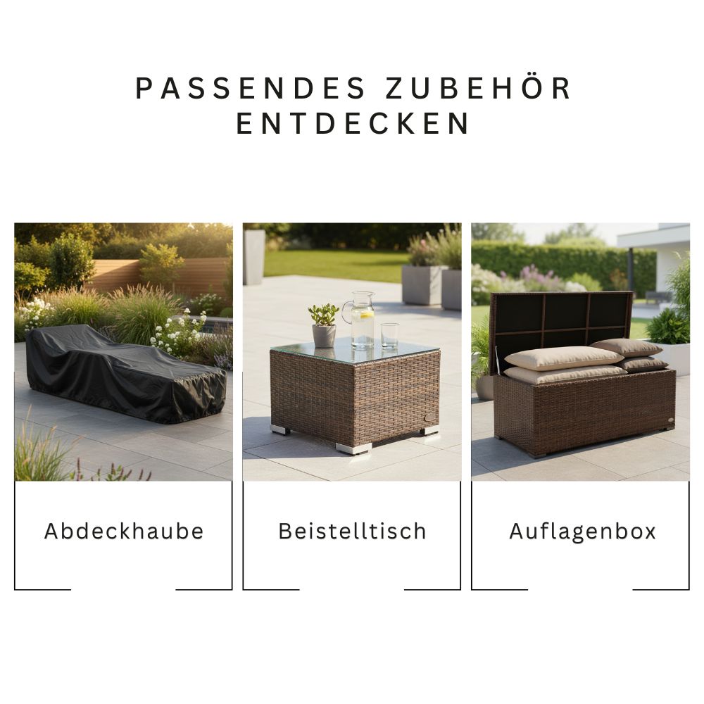 Zubehör für Polyrattan Sonnenliege wie Abdeckhaube, Beistelltisch und Auflagenbox für Garten und Terrasse