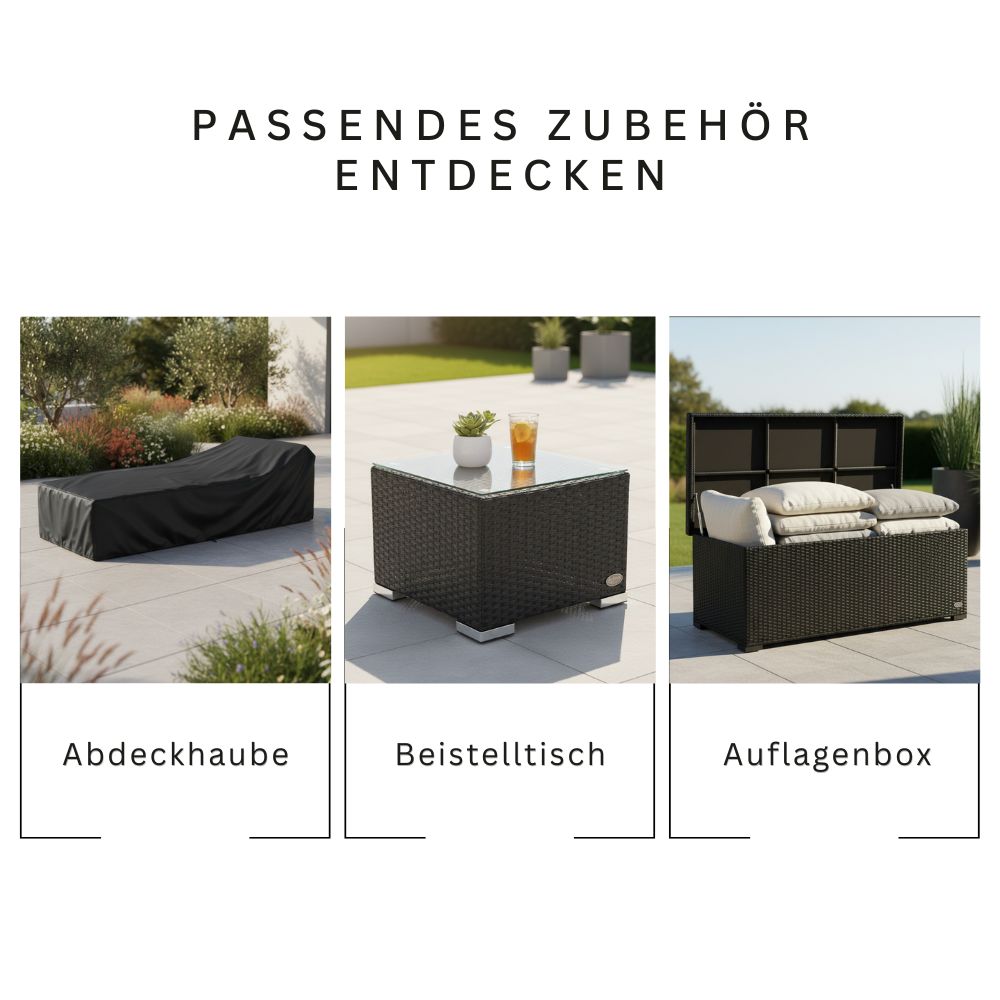 Passendes Zubehör zur Sonnenliege: Abdeckhaube, Beistelltisch und Auflagenbox aus Polyrattan für den Außenbereich