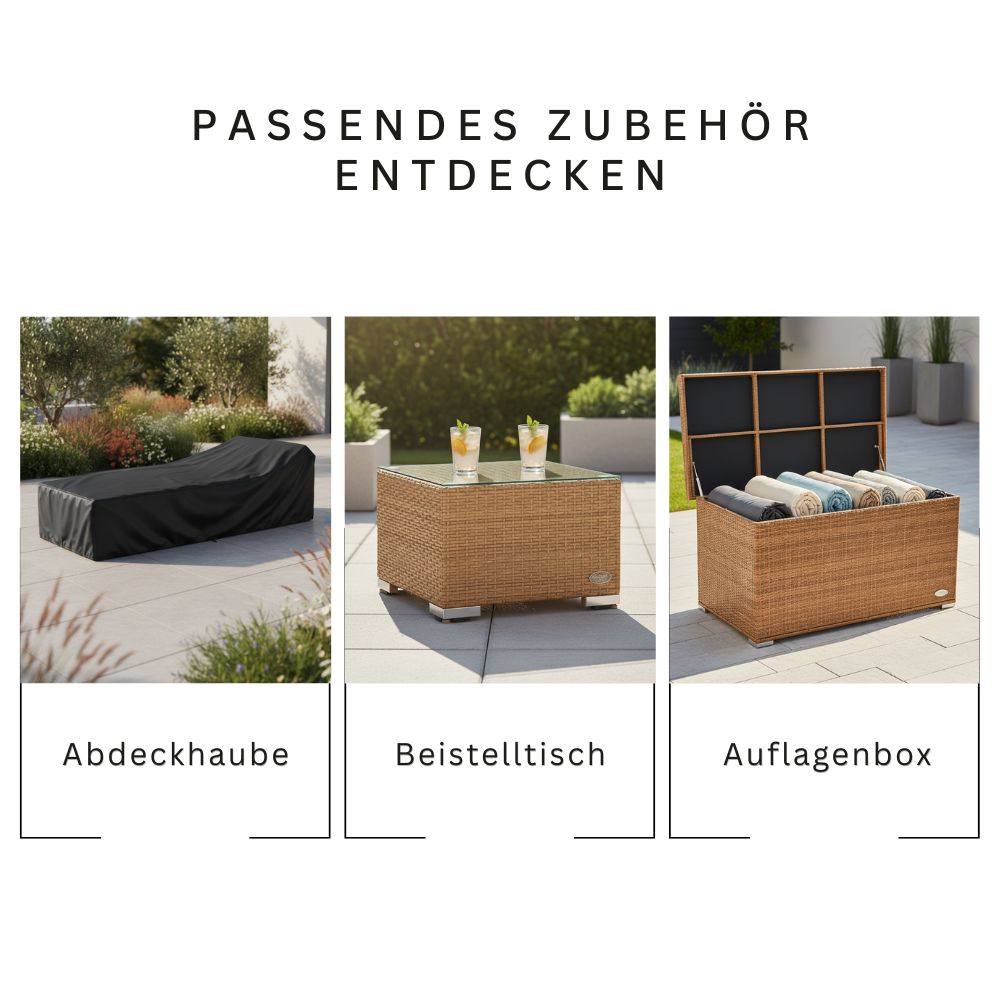 Passendes Zubehör für Polyrattan Sonnenliege Palermo in Natur: Abdeckhaube, Beistelltisch und Auflagenbox für optimalen Schutz, Komfort und zusätzlichen Stauraum im Garten