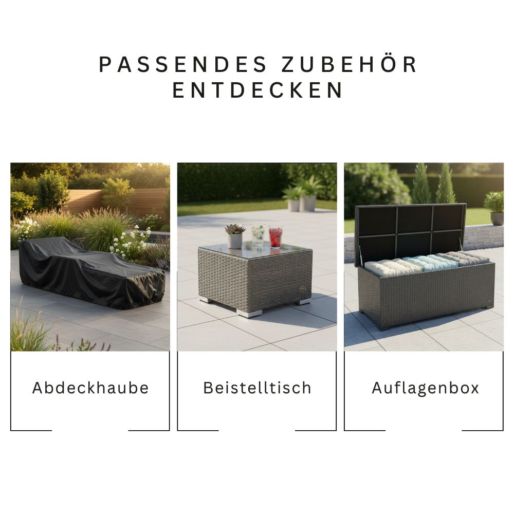 Passendes Zubehör für Sonnenliege: Abdeckhaube, Beistelltisch und Auflagenbox für Garten