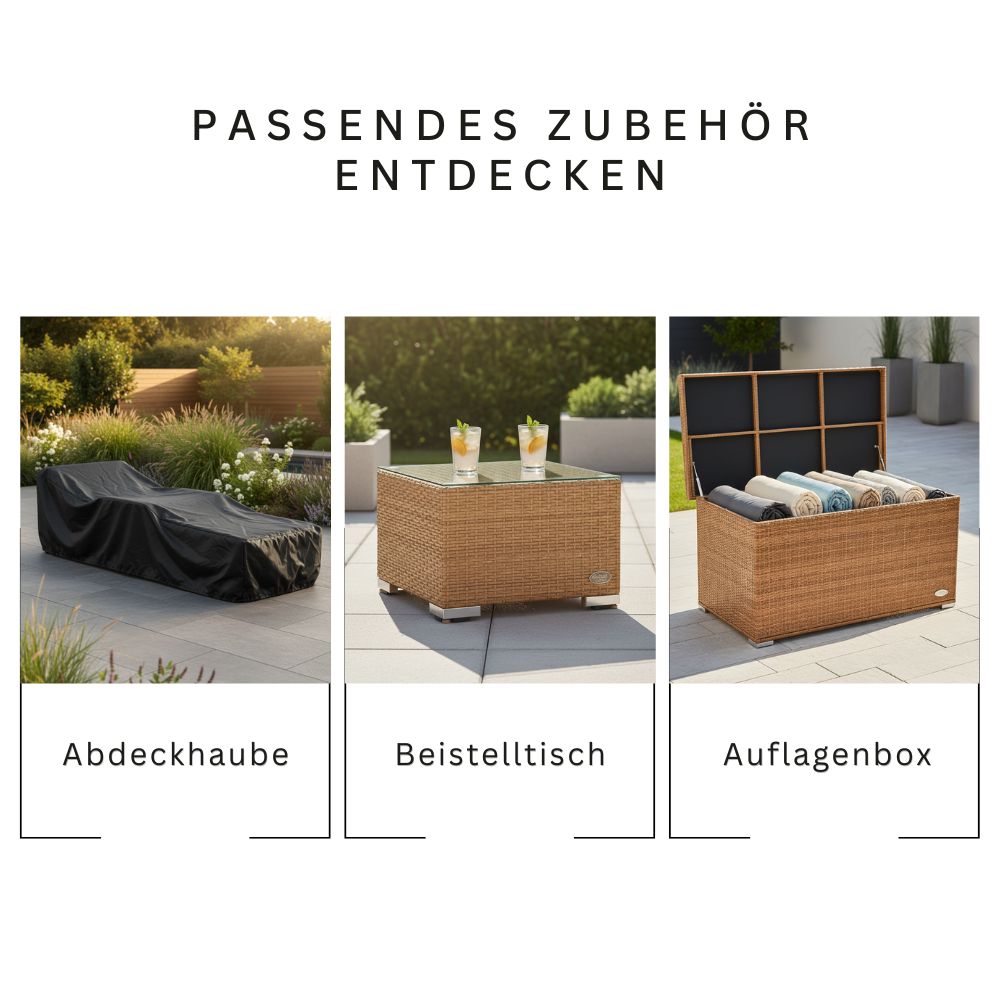Passendes Zubehör für Sonnenliege: Abdeckhaube, Beistelltisch und Auflagenbox für Gartenmöbel