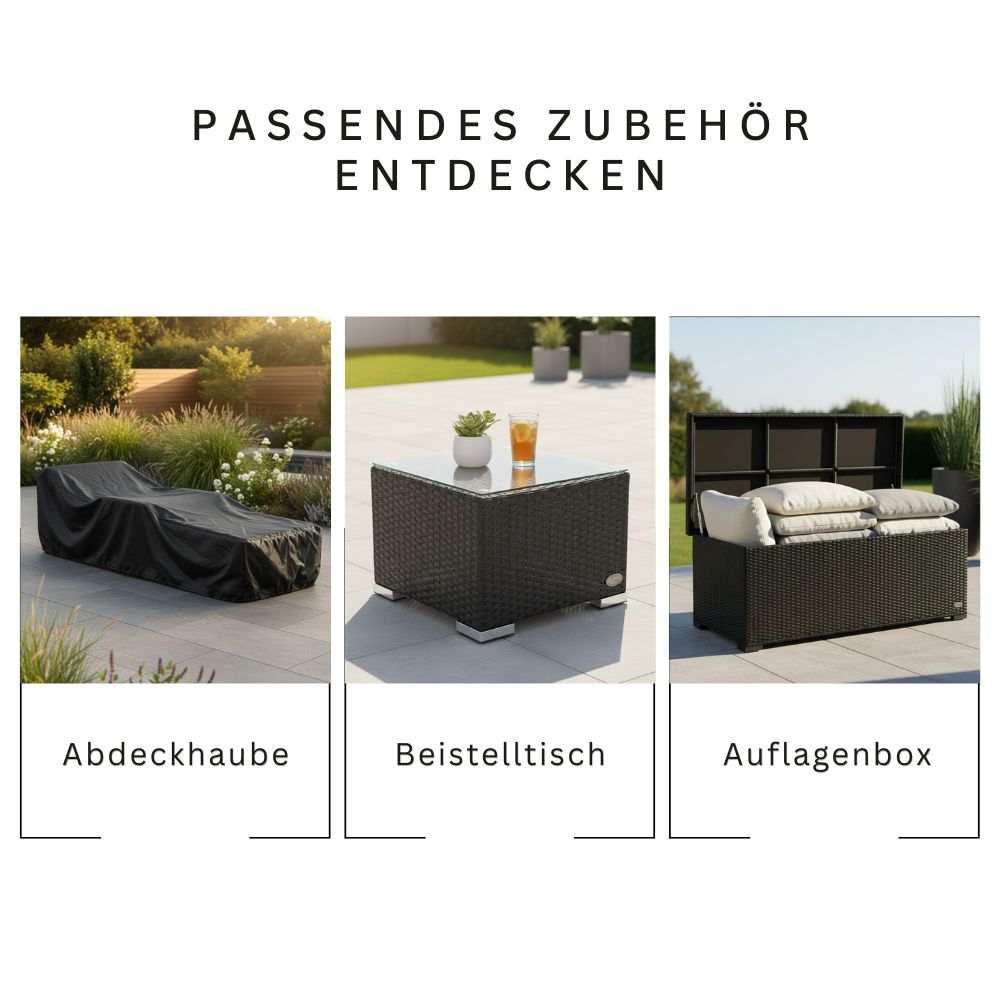 Zubehör für Sonnenliege: Abdeckhaube, Beistelltisch und Auflagenbox passend für Gartenmöbel