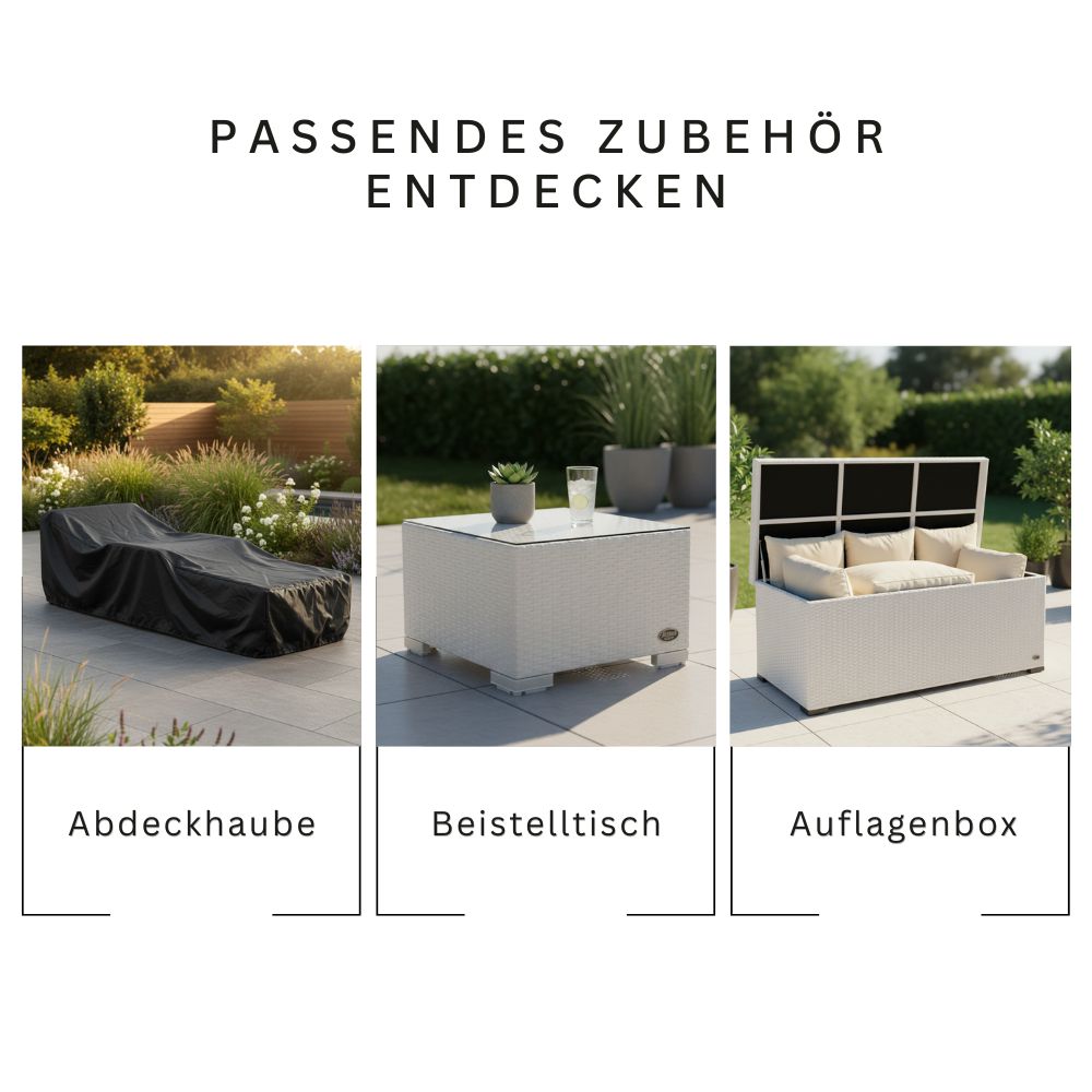 Zubehör für Sonnenliege: Abdeckhaube, Beistelltisch und Auflagenbox für Gartenmöbel