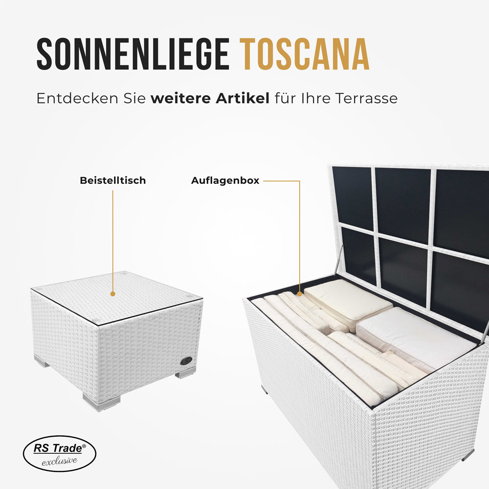 Weiße Auflagenbox und Beistelltisch passend zu der Sonnenliege Toscana.