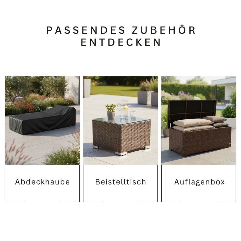 Zubehör für Sonnenliege wie Abdeckhaube, Beistelltisch und Auflagenbox für Gartenmöbel Set