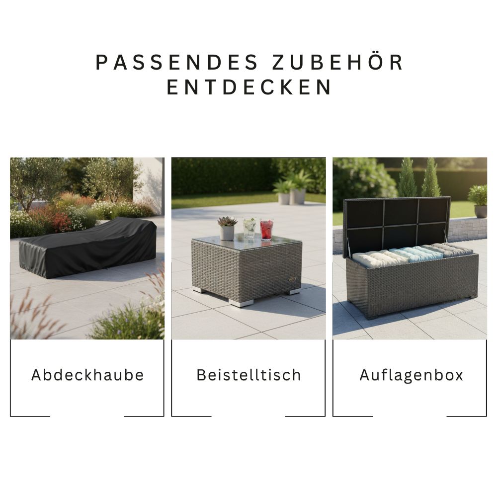 Zubehör für Polyrattan Sonnenliege wie Abdeckhaube, Beistelltisch und Auflagenbox für Garten und Terrasse