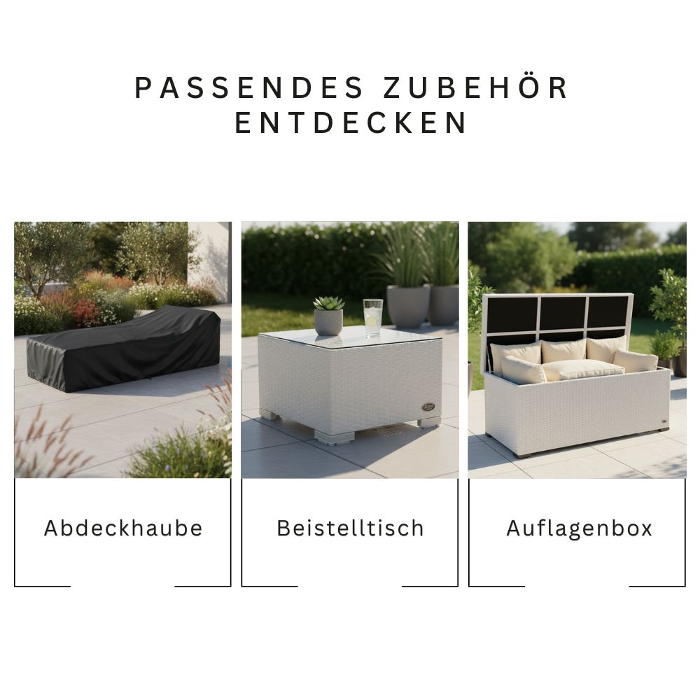 Zubehör für Sonnenliege wie Abdeckhaube, Beistelltisch und Auflagenbox für Gartenmöbel Set