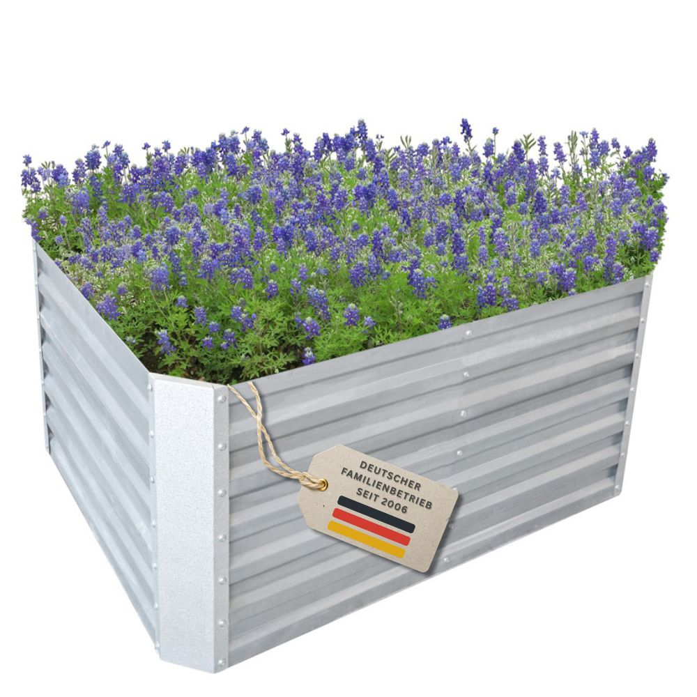 Hochbeet Florenz L aus verzinktem Metall, bepflanzt mit Lavendel, gefertigt von einem deutschen Familienbetrieb.