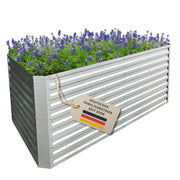 Hochbeet Florenz XL aus verzinktem Stahl, bepflanzt mit Lavendel, hergestellt von einem deutschen Familienbetrieb.