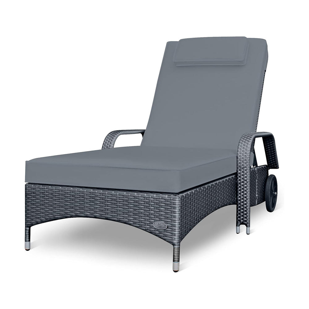 Graue Polyrattan Sonnenliege mit grauer Auflage und verstellbarer Rückenlehne, moderne Gartenliege mit Rollen