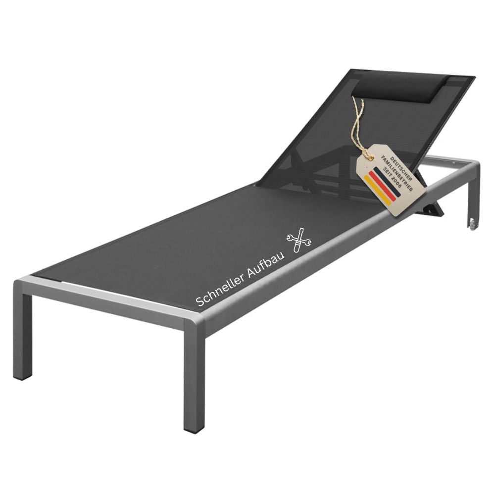 Schwarze Gartenliege aus Metall mit atmungsaktiver Liegefläche, verstellbarer Rückenlehne und Kopfkissen, modernes wetterfestes Design für Garten, Terrasse und Balkon