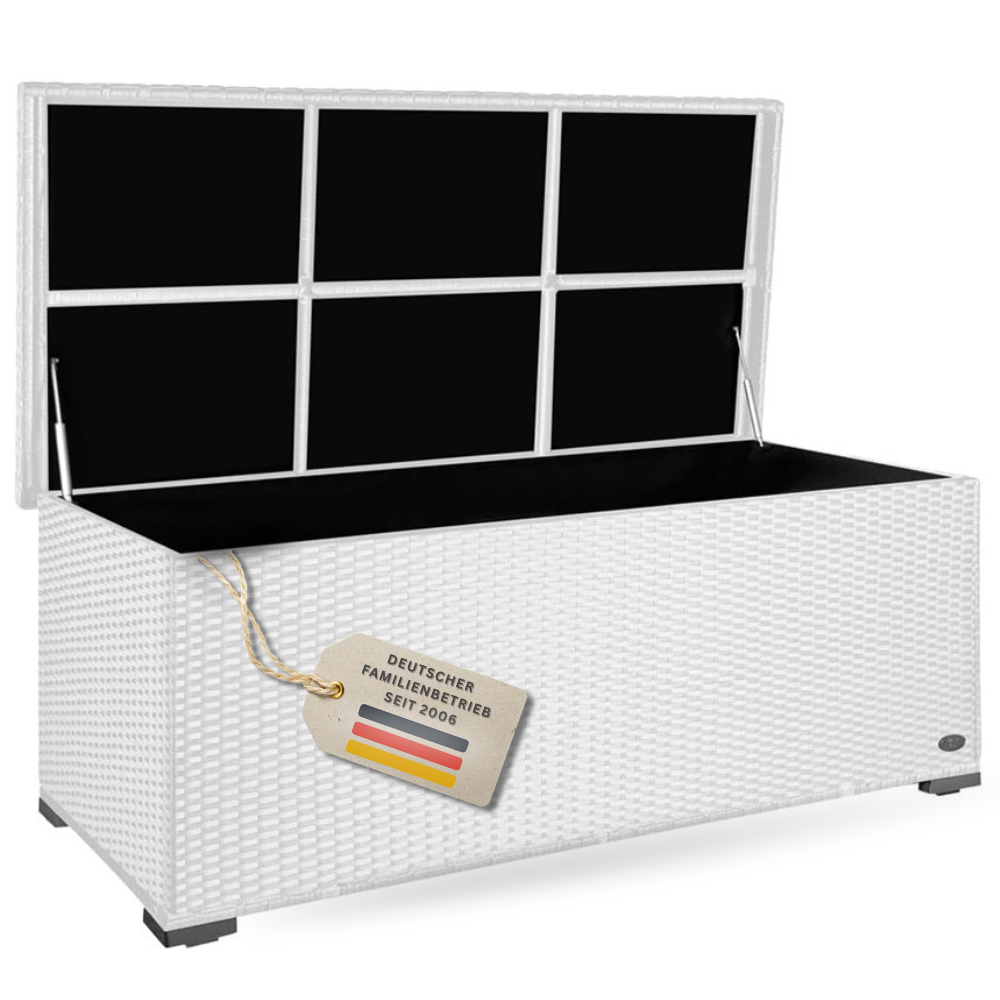 Weiße Auflagenbox Sienna aus Polyrattan mit geöffnetem Deckel, schwarzem Innenraum und Gasdruckfedern.