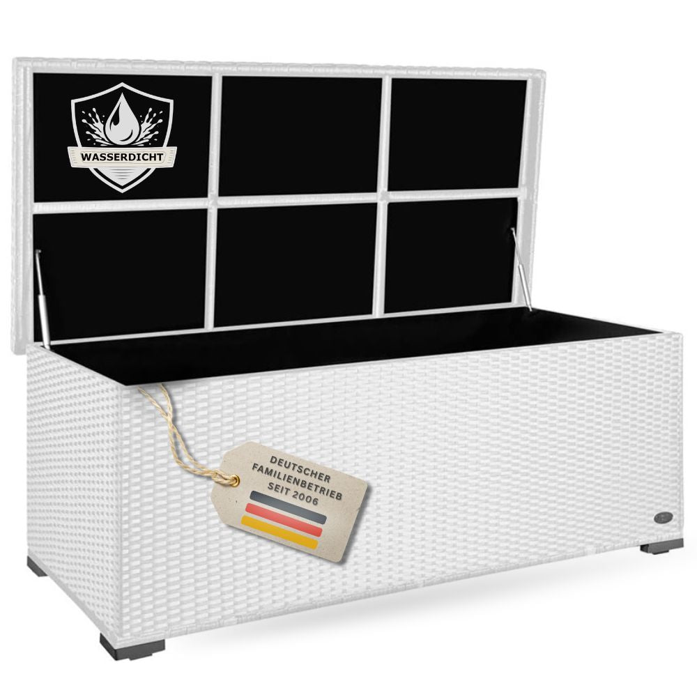 Geöffnete weiße Polyrattan-Gartenbox mit Deckel und wasserdichter Innenverkleidung für die geschützte Aufbewahrung von Gartenauflagen, Kissen und Gartenzubehör.