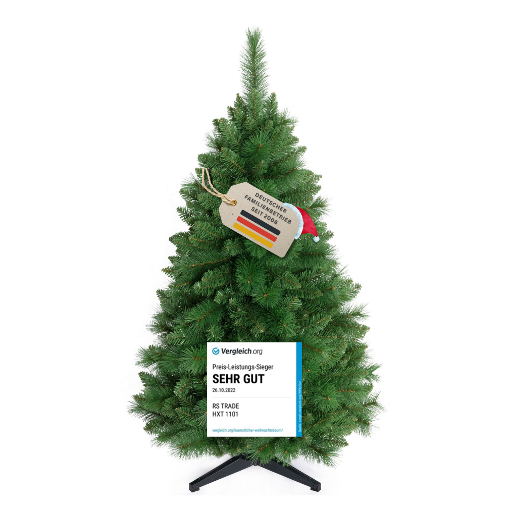 Künstlicher Weihnachtsbaum HXT 1101 Colorado-Mix, 120 cm, mit grünen PVC-Nadeln, Metallständer und Vergleich.org-Auszeichnung „Sehr gut“.