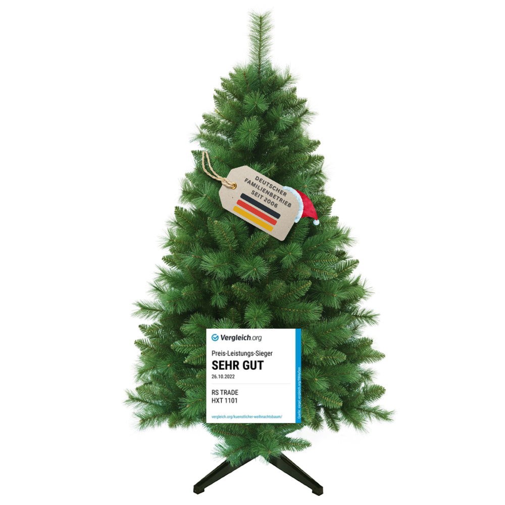 Künstlicher Weihnachtsbaum HXT 1101 Colorado-Mix, 150 cm, mit grünen PVC-Nadeln, Metallständer und Vergleich.org-Auszeichnung „Sehr gut“.