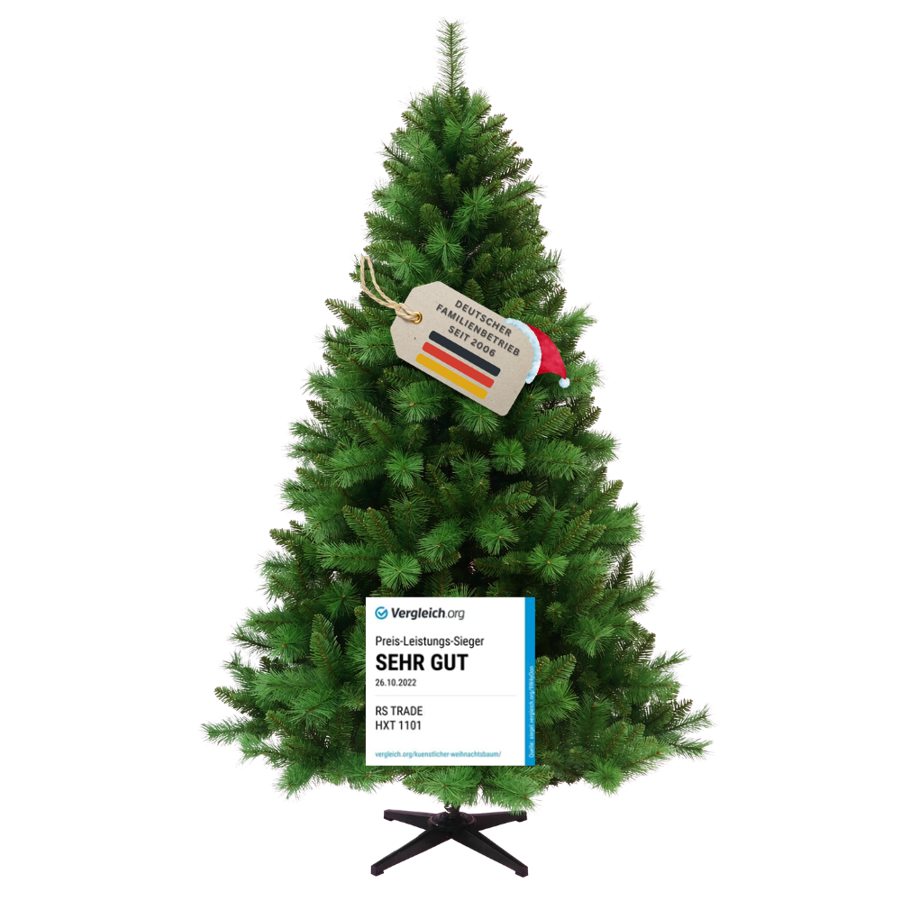 Künstlicher Weihnachtsbaum HXT 1101 Colorado-Mix, 180 cm, mit grünen PVC-Nadeln, Metallständer und Vergleich.org-Auszeichnung „Sehr gut“.