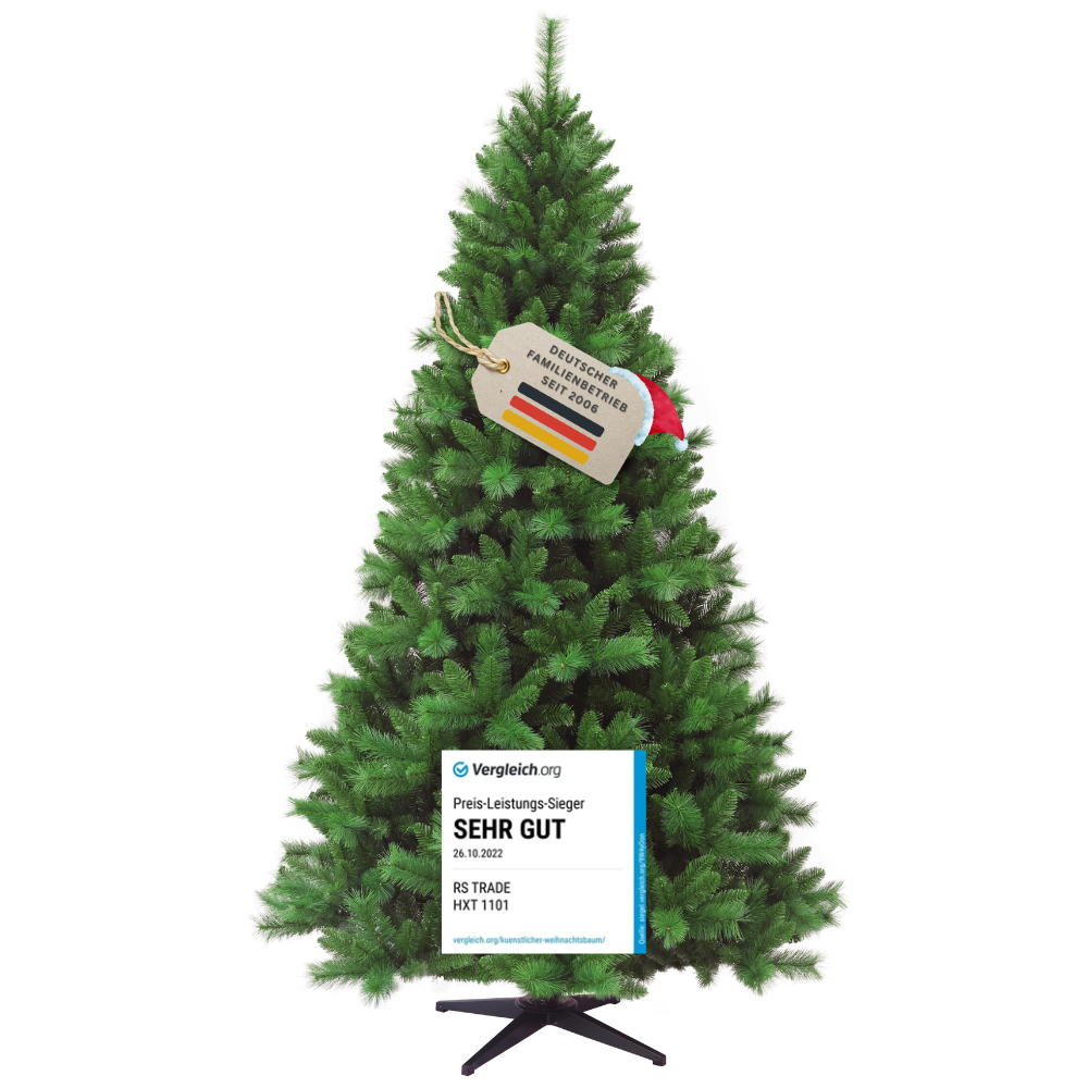 Künstlicher Weihnachtsbaum HXT 1101 Colorado-Mix, 210 cm, mit grünen PVC-Nadeln, Metallständer und Vergleich.org-Auszeichnung „Sehr gut“.